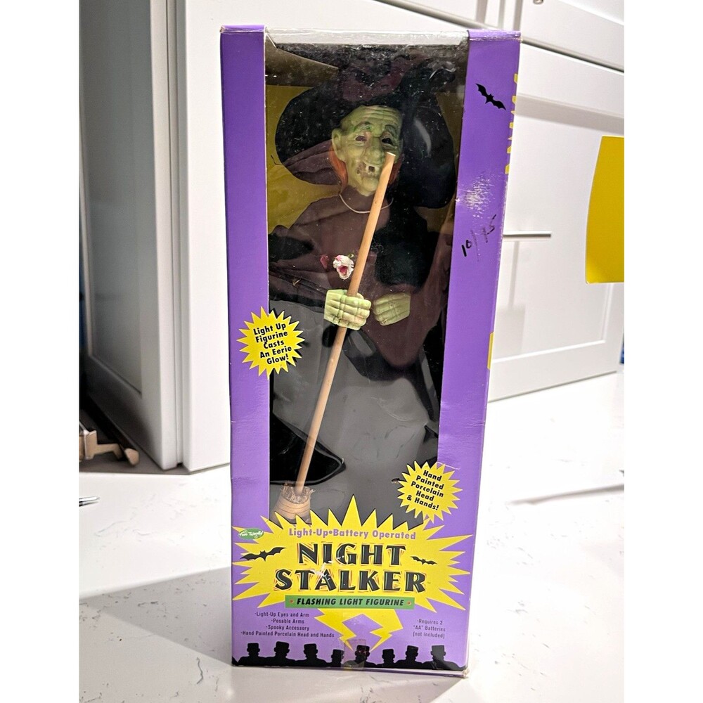 Fun World Night Stalker Witch 12” Light Up Halloween Figurine Black Cat VTG Box